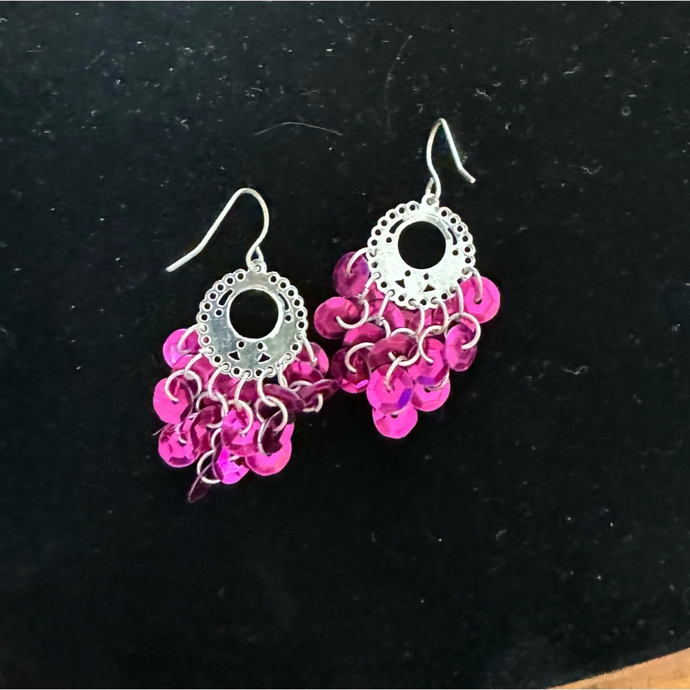 🧩 3/$20 Gypsy Pink Sequin Earrings Belly Dancing Musical Silver Earrings